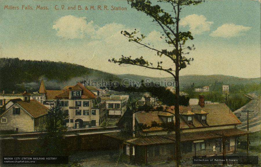 Postcard: Miller Falls, Massachusetts.  Central Vermont and Boston & Maine Railroad Station